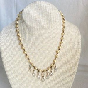 💎Coro Chain & Pearl Necklace With Clear Dangling Rhinestones Heart Shape Hangtag